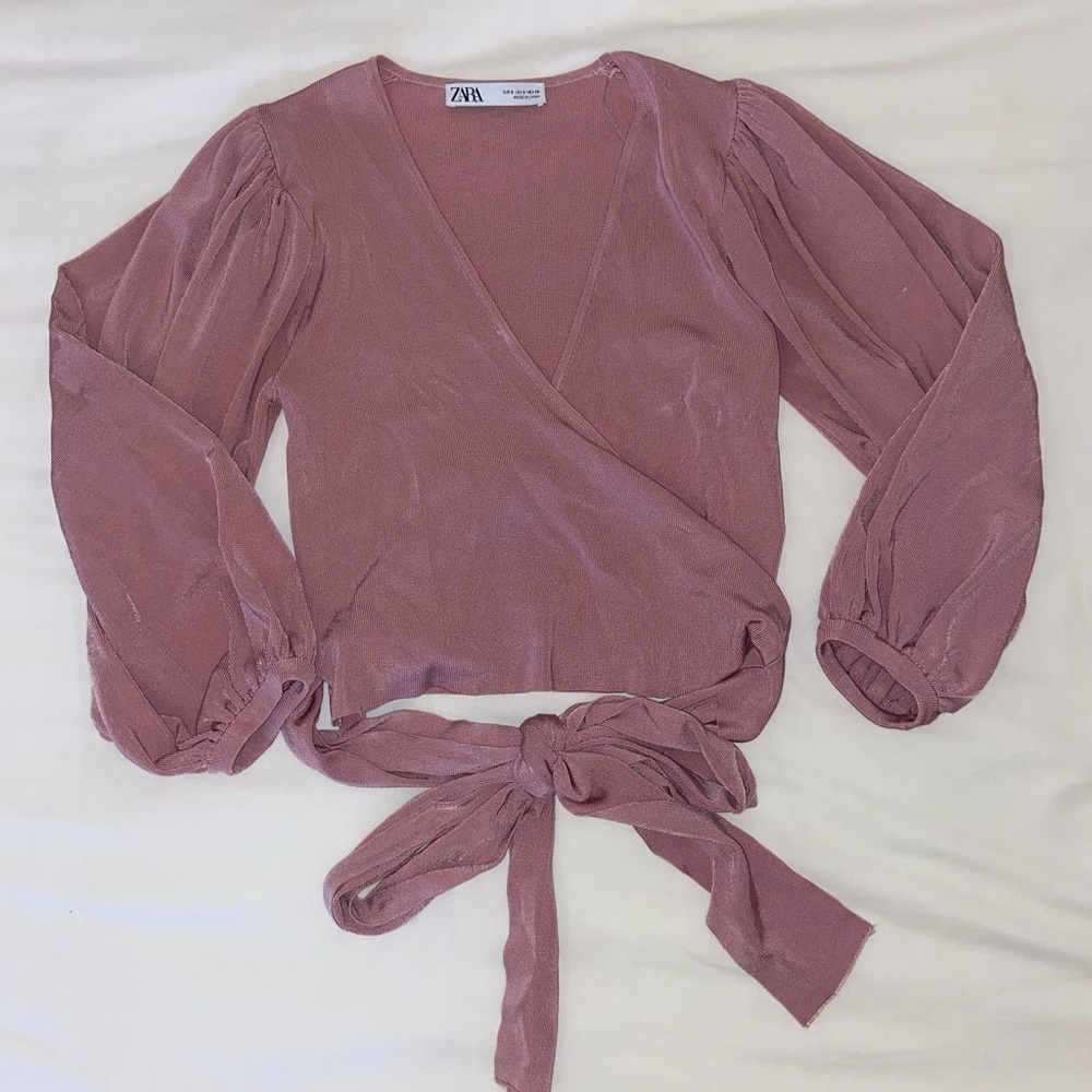 Mauve Zara Tie Up Puff Sleeve Top
